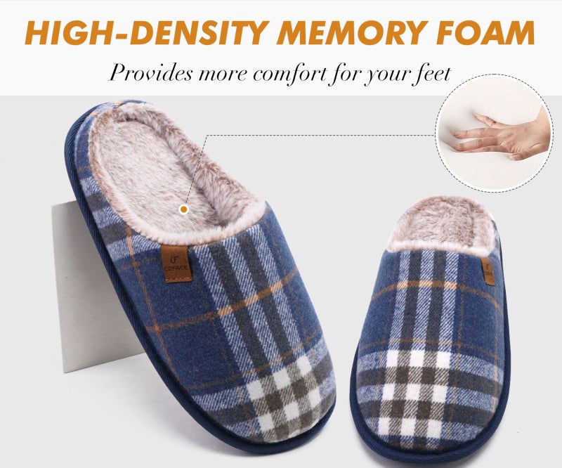 COFACE Mens Blue Flano Plaid Cozy Memory Foam scuff Slippers Slip On Warm House Shoes Indoor/Outdoor With Best Arch Support Size 9 - Image 3